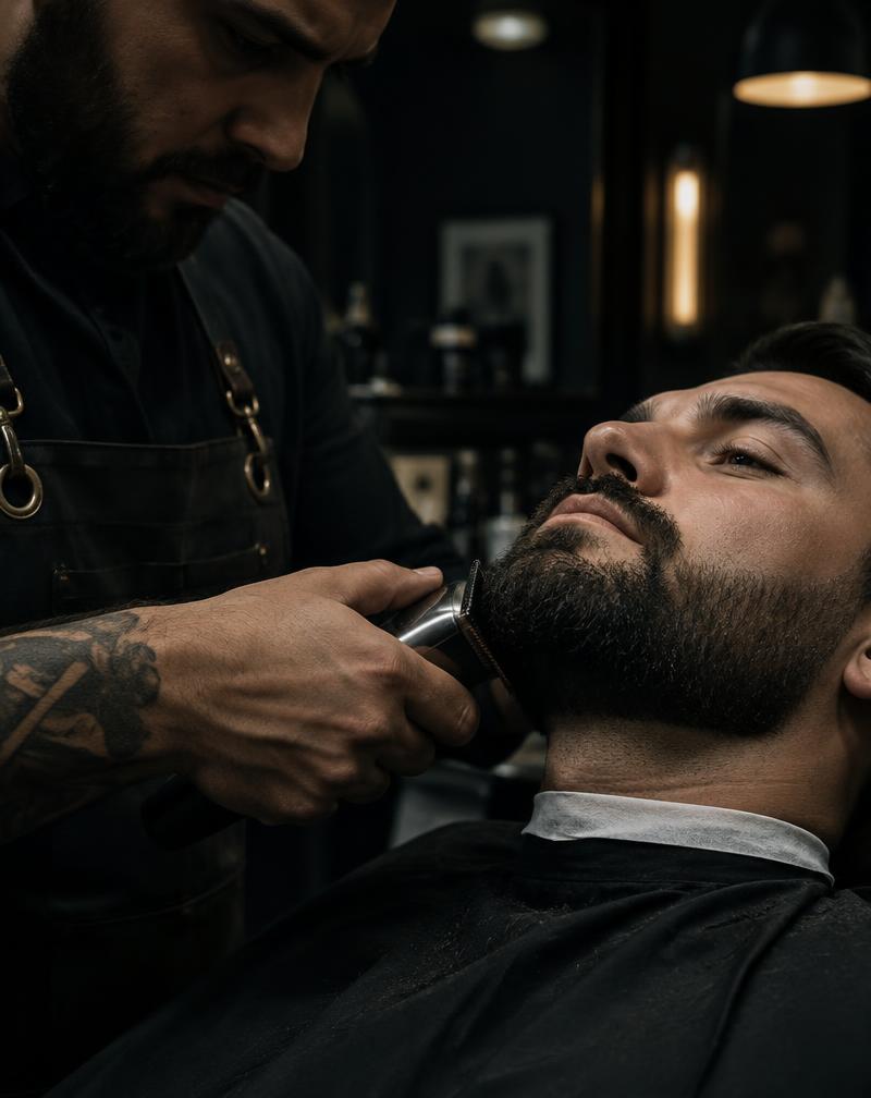 Barber shaping a full beard with clippers
