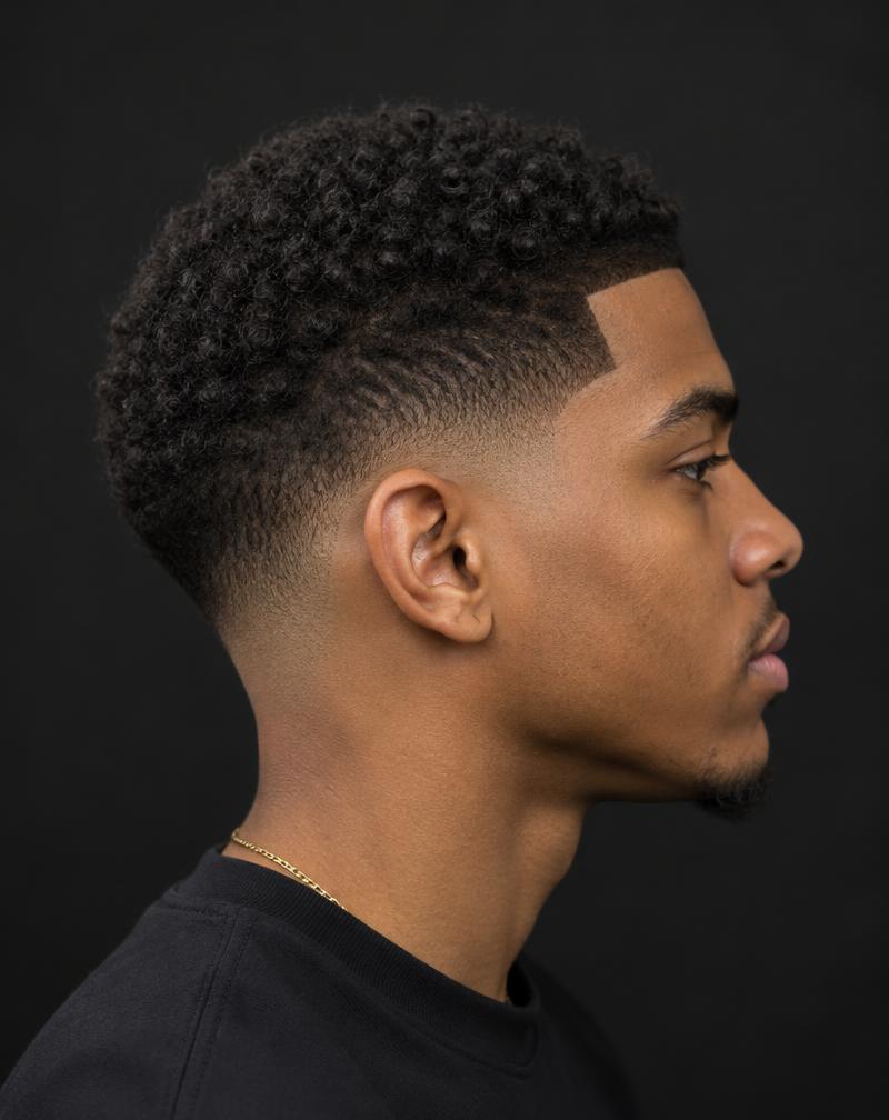 Curly top with low taper fade, side profile