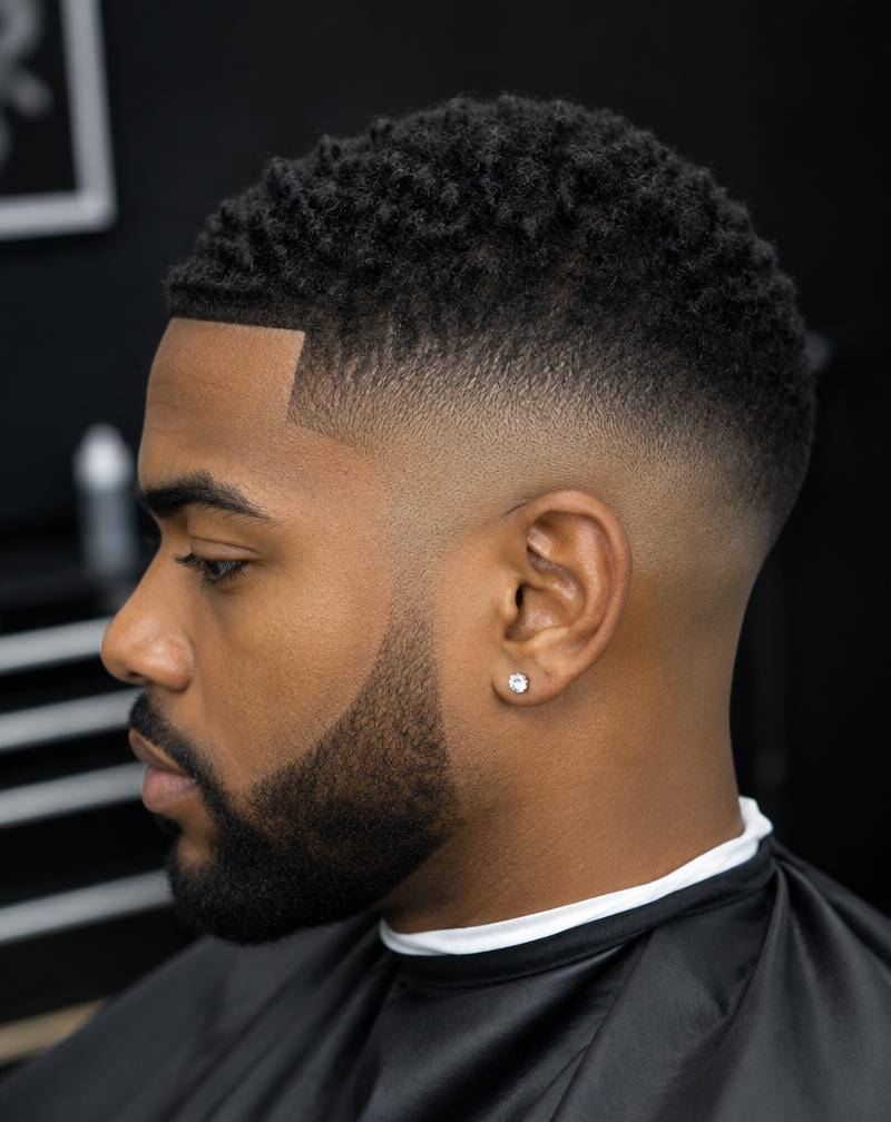 High skin fade with sharp line-up and beard on a client in Tottenham