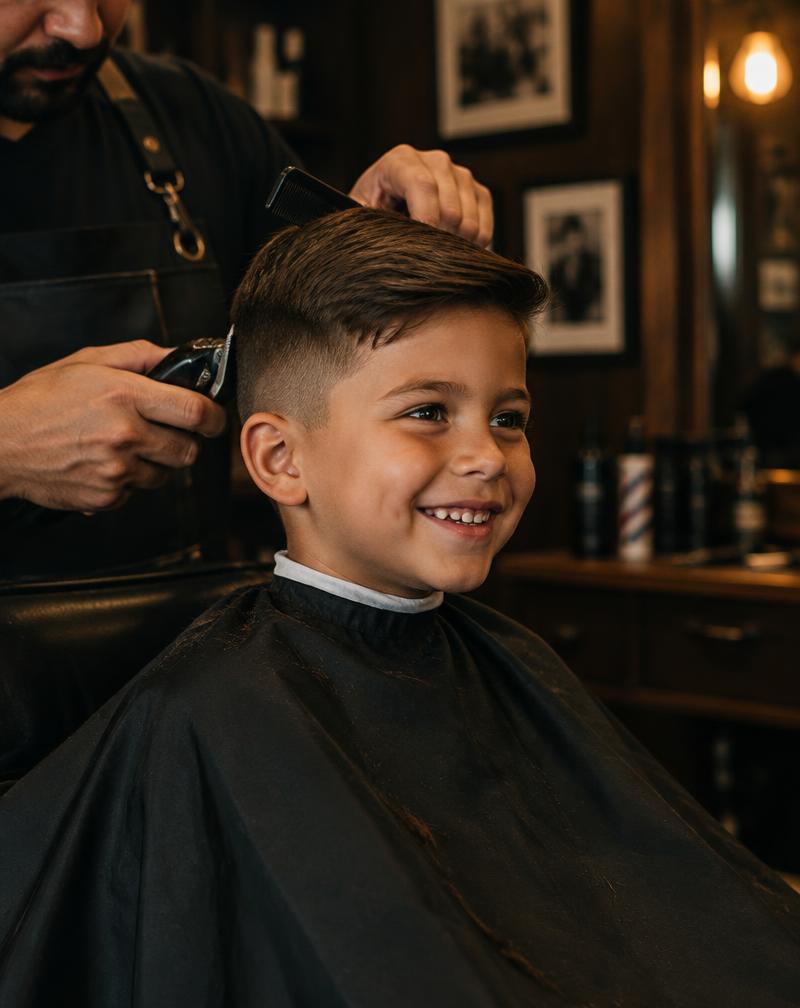 Young boy smiling during a kids skin fade haircut