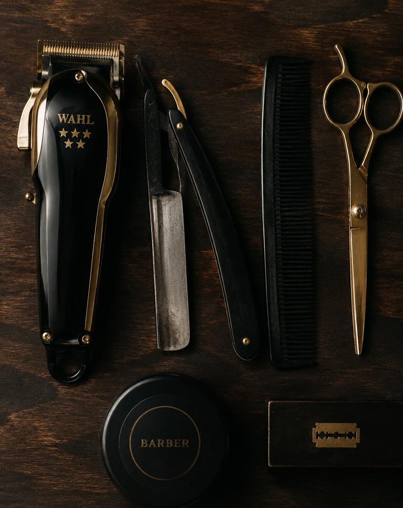 Barber clippers, straight razor, comb and gold scissors